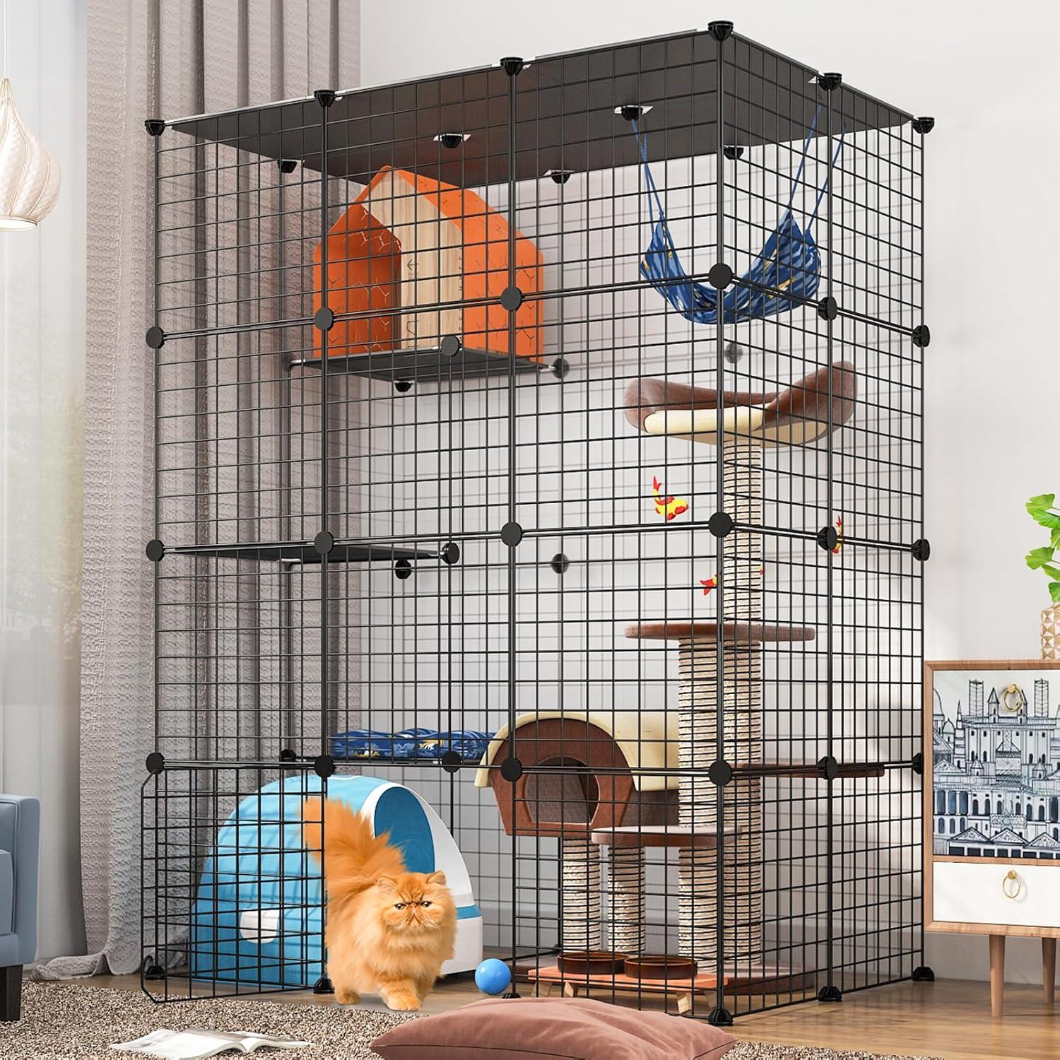 Large Cat Cage Enclosure Indoor DIY Cat Playpen Detachable Metal Wire Kennels Crate 2x3x4 Large Exercise Place Ideal for 1-3 Cat