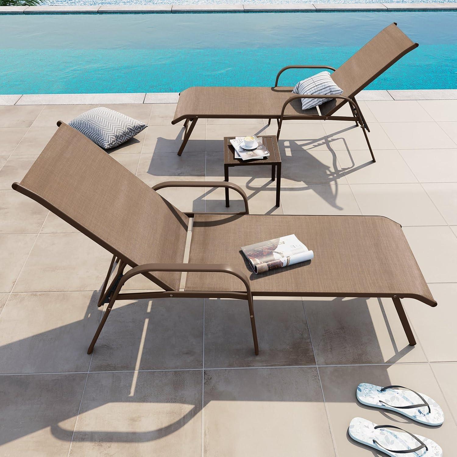 Crestlive Products Set of 2 Aluminum Patio Chaise Lounge Chairs Outdoor Recliners, Brown
