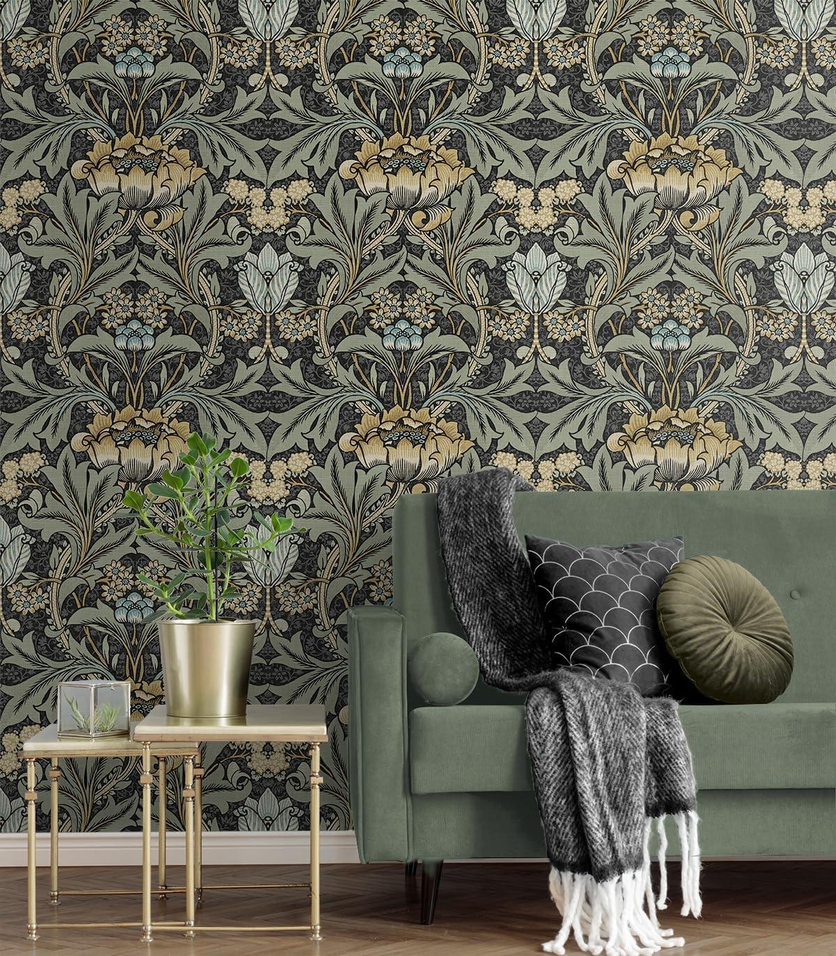 Seabrook Designs  Acanthus Floral Prepasted Wallpaper 20.5 in. W x 33 ft. L - Charcoal & Goldenrod