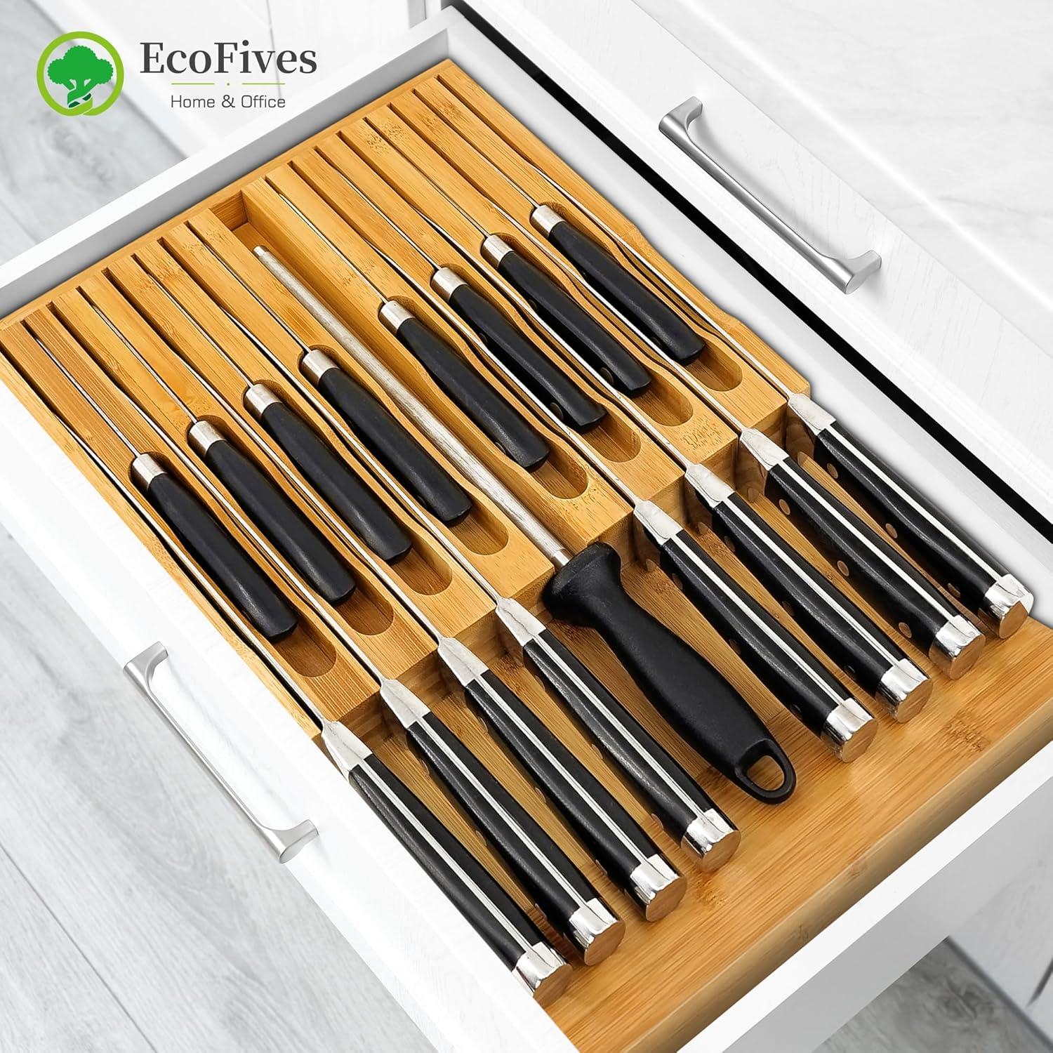 In-Drawer Knife Block,Bamboo Knife Drawer Organizer Insert, Kitchen Knife Drawer Storage for 16 Knives a Slot for your Knife Sharpener (Without Knives)