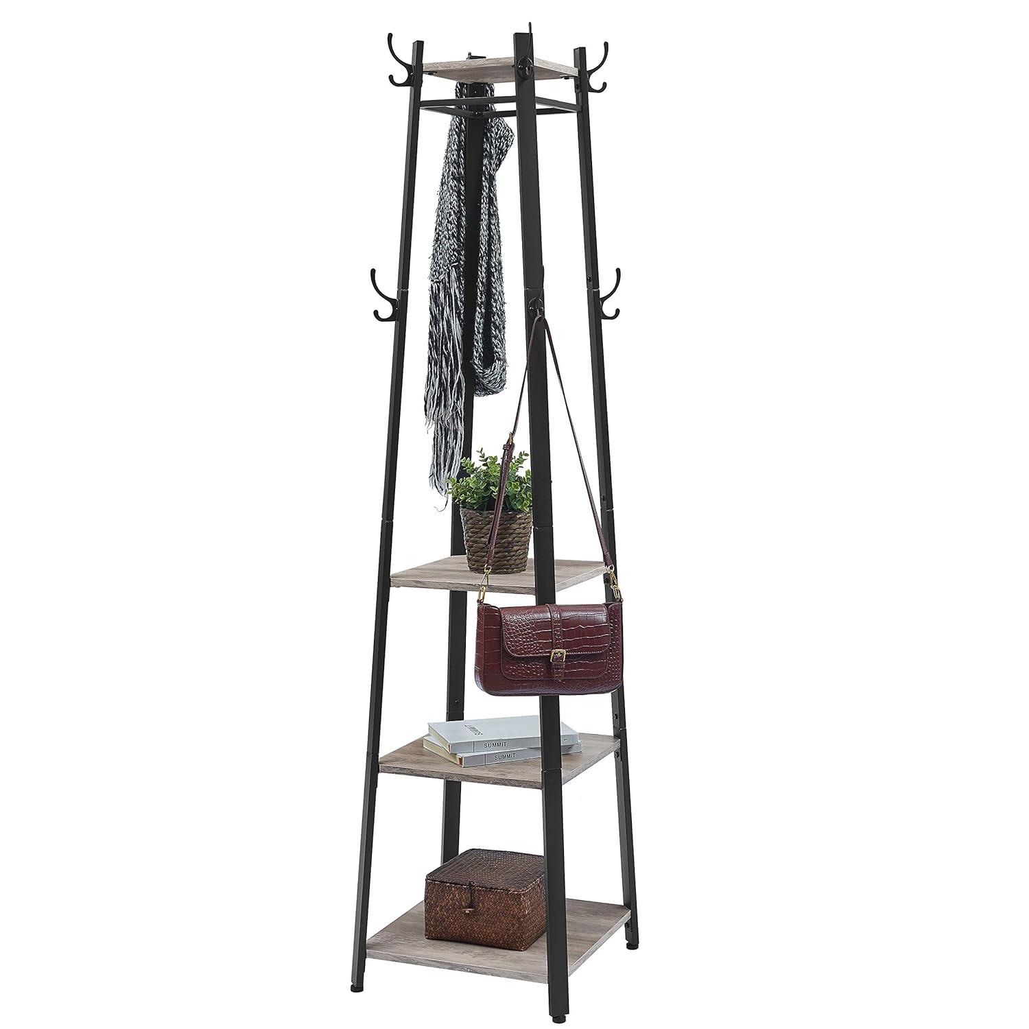 VASAGLE ALINRU Coat Rack with 3 Shelves Stand with Hooks for Scarves Bags and Umbrellas