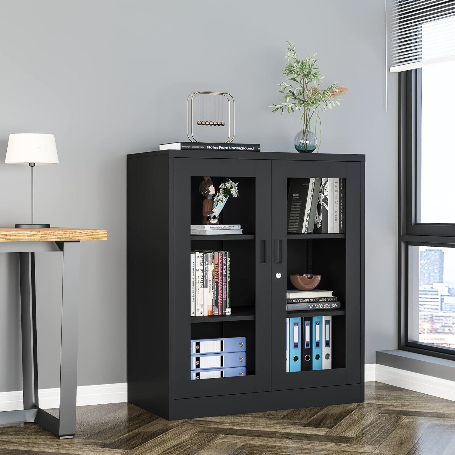 Black Metal and Glass Lockable Display Cabinet with Adjustable Shelves