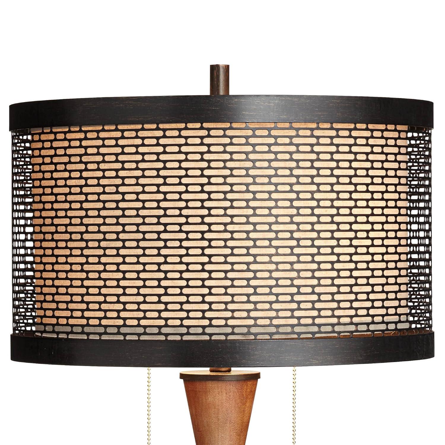 Franklin Iron Works Hunter Modern Rustic Farmhouse Table Lamp 29 3/4" Tall Cherry Wood Bronze Metal Double Drum Shade for Bedroom Living Room House