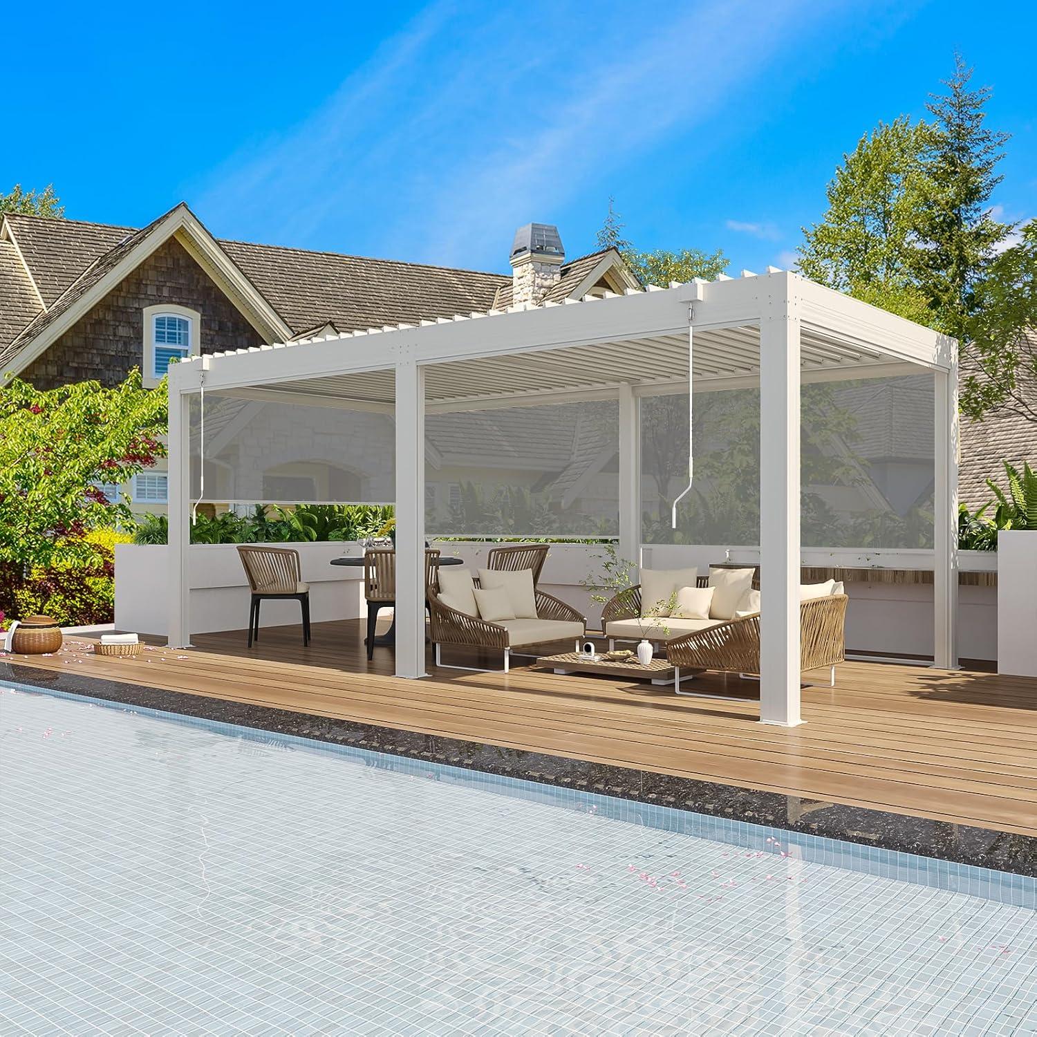 Erommy  Outdoor Louvered Pergola Gazebo with Adjustable Aluminum Rainproof Roof 10'x20' Pull Down - White