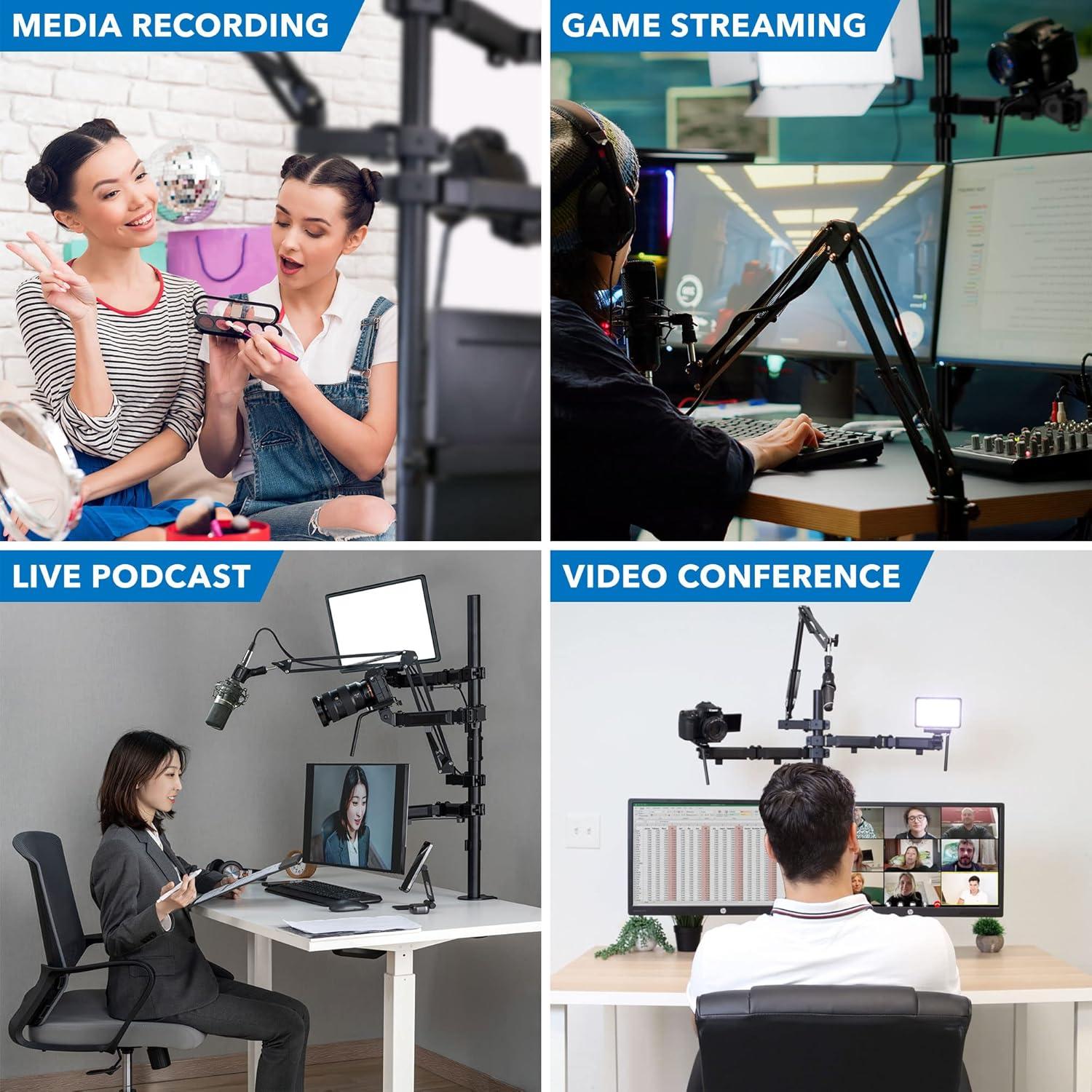 Mount-It! All in One Live Streaming Equipment | 4 Arm Streaming Desk Mount That Holds Monitor, Cameras & Ring Light with Mic | Desktop Live Stand Set