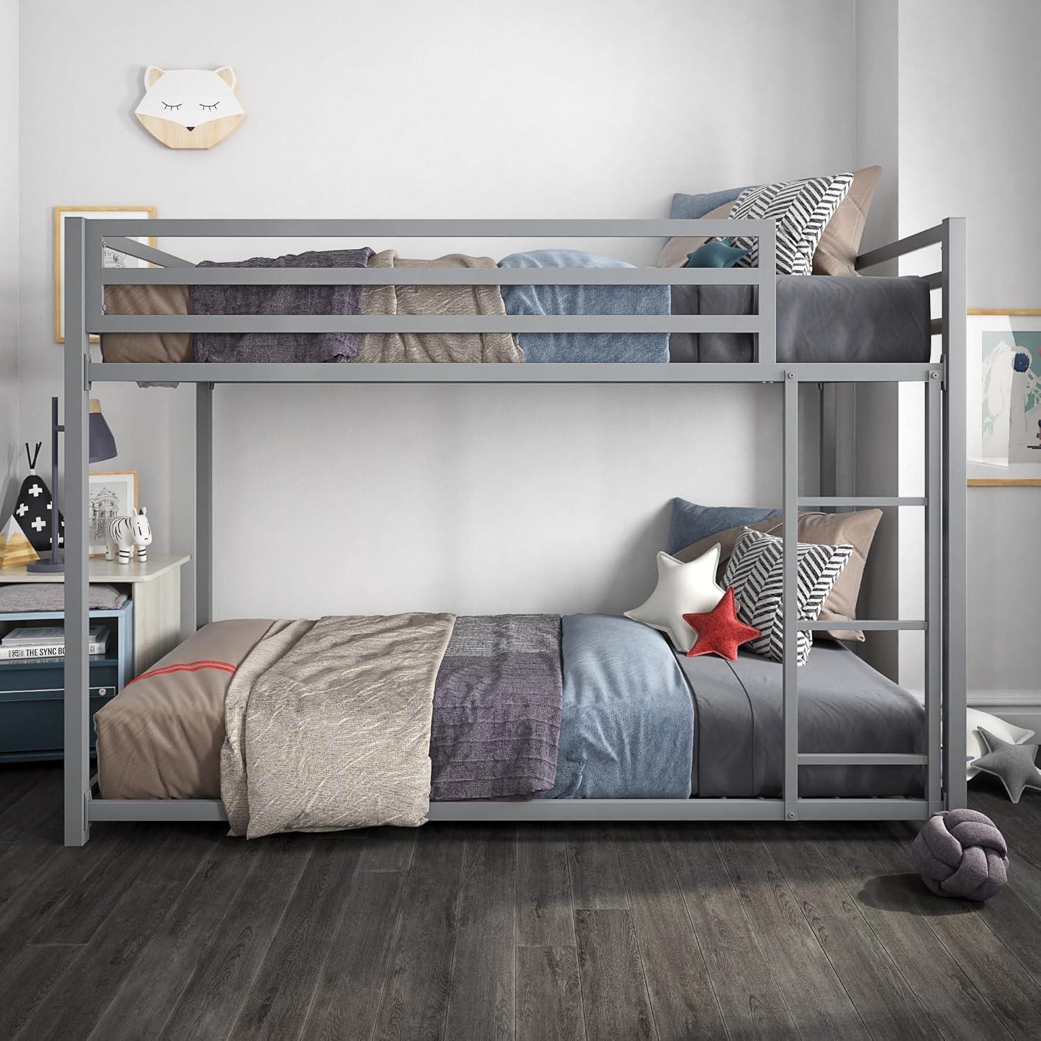 DHP Miles Low Bunk Bed for Kids, Twin Over Twin, Silver