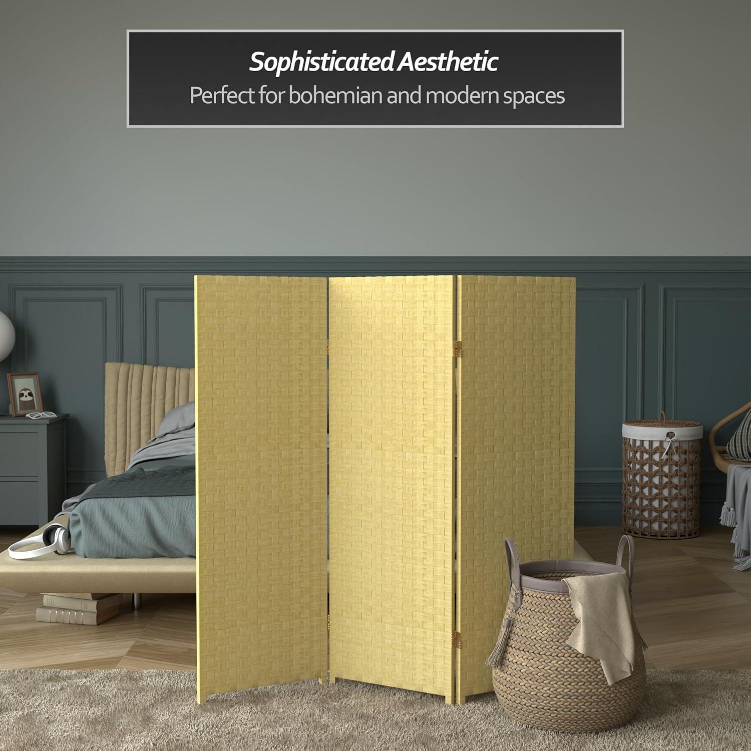 Oriental Furniture 4 ft. Tall Woven Fiber Room Divider - Dark Beige - 3 Panel