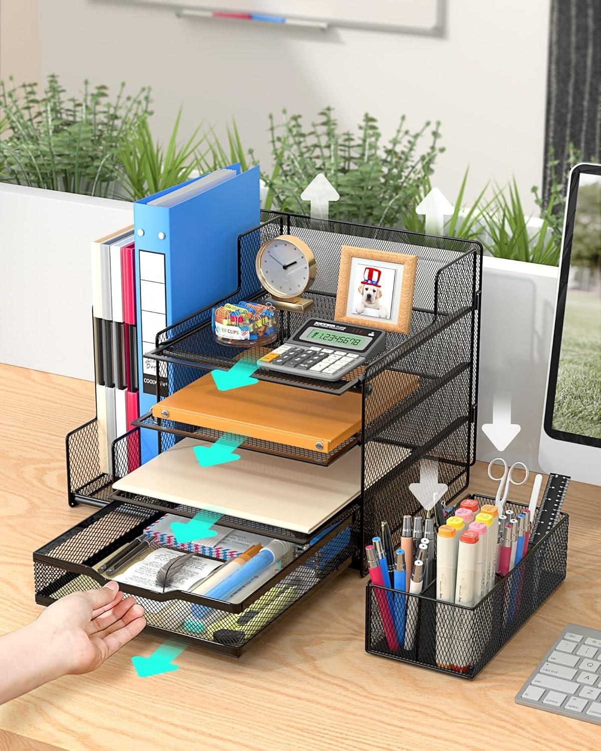 VIVSOL Desk Organizer with Mesh File Holder, 4-Tier Office Supplies Desk Organizers and Accessories with Sliding Drawers & Pen Holder, Desk File Organizer and Storage for Office, School, Home, Black