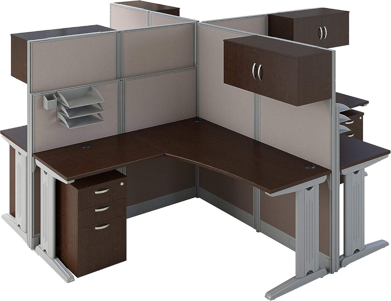 Mocha Cherry L-Shaped 4 Person Cubicle with Storage