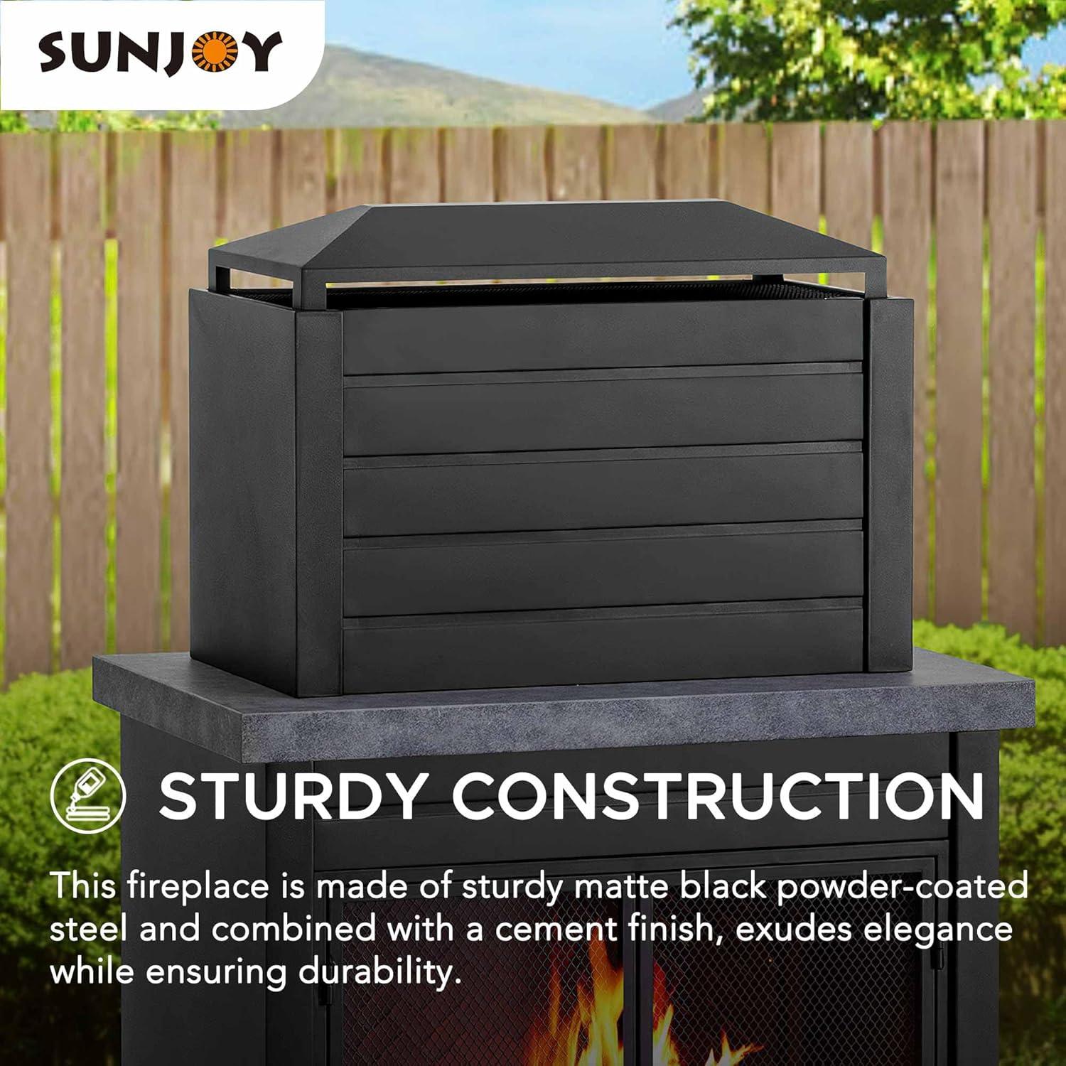 Sunjoy Outdoor Fireplace, Patio Wood Burning Steel Fireplace with Chimney, Log Holders, Fireplace Tool and PVC Cover