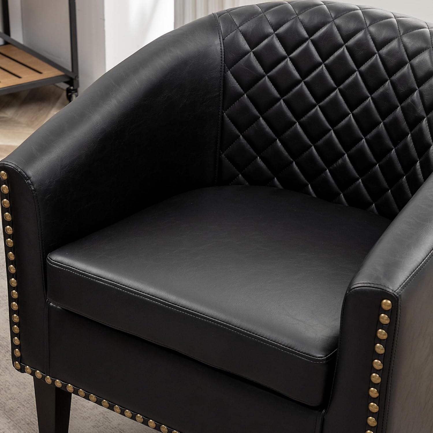 Black Faux Leather Barrel Chairs with Nailhead Trim, Set of 2