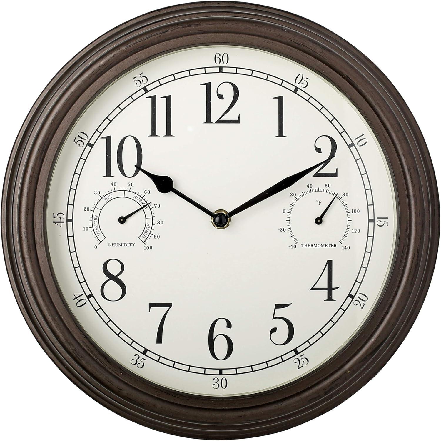 12" Outdoor Wall Clock with Weather Resistant Temperature/Humidity Dials - Westclox: Quartz Movement, Bronze Frame