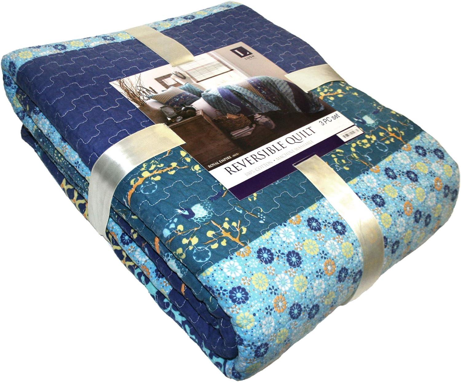 Navy Cotton Reversible King Quilt Set