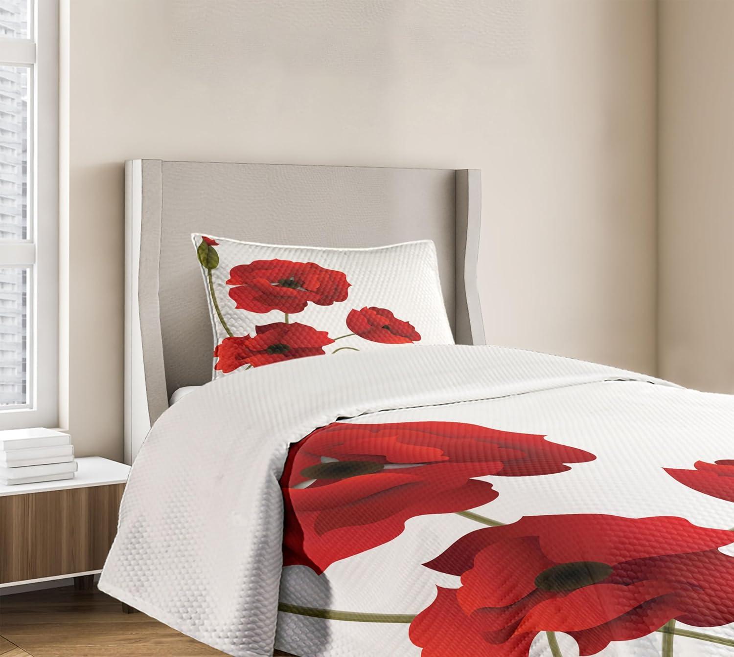 Ambesonne Ambesonne Floral Bedspread Set Flowers Petals and Buds Red Green
