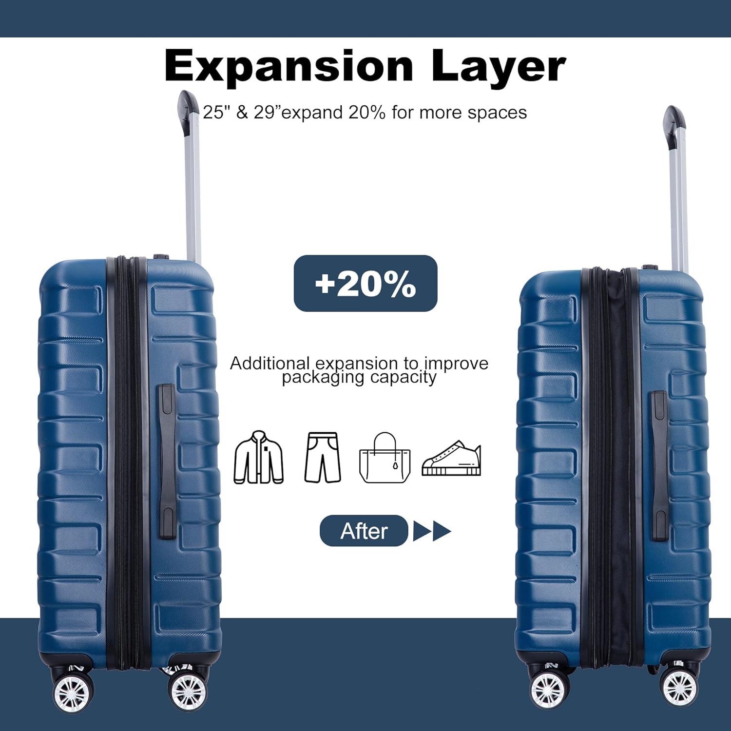 3 Piece PC Luggage Sets (21"25"29"), Durable Lightweight Suitcase with 360° Double Spinner Wheels, TSA Lock, 25"29"- Expands 20% Spaces&Two Hooks, Dark Blue