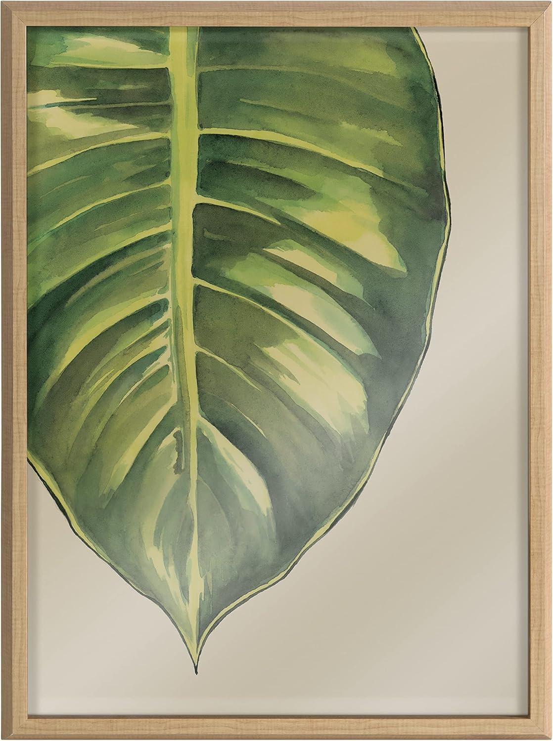 Large Green Leaf Botanical Glass Print with Natural Frame, 18x24