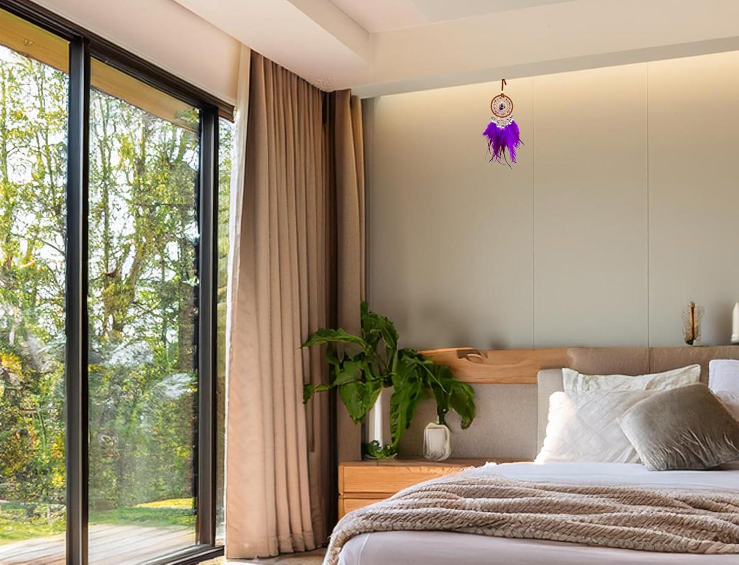 Violet Dreamcatcher for Crown Chakra Healing. Uses Violet Feathers and Milky Amethyst Stones to Provide Protection and Spiritual Connection in Bedrooms, Meditation Spaces - Dream Catchers with Color