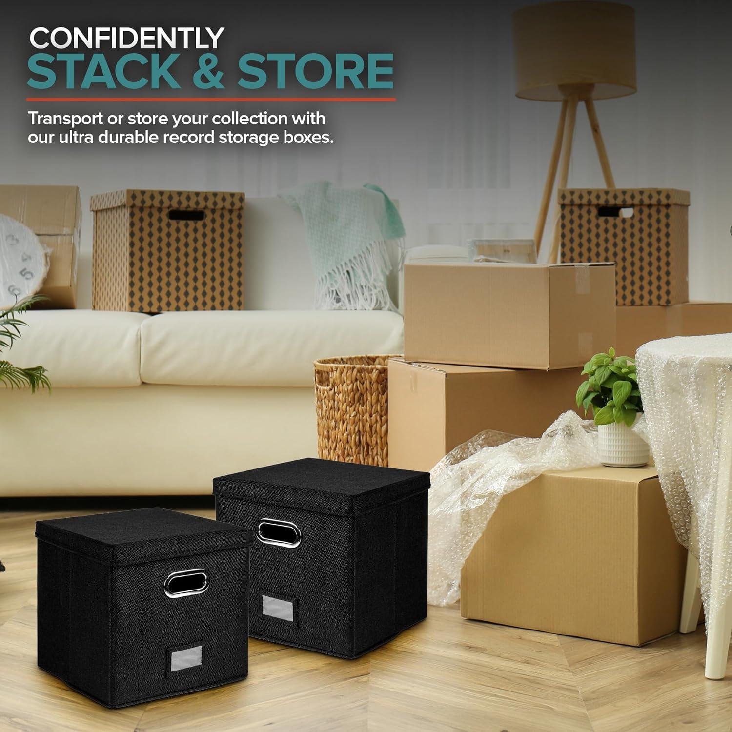 Vinyl Record Storage Box for up to 50+ 12-Inch Albums, Records Crate, LP Album Storage, Fabric Storage Boxes with Lids for Moving, Office, Closet, Home Organizer 13x13x13 (Black)