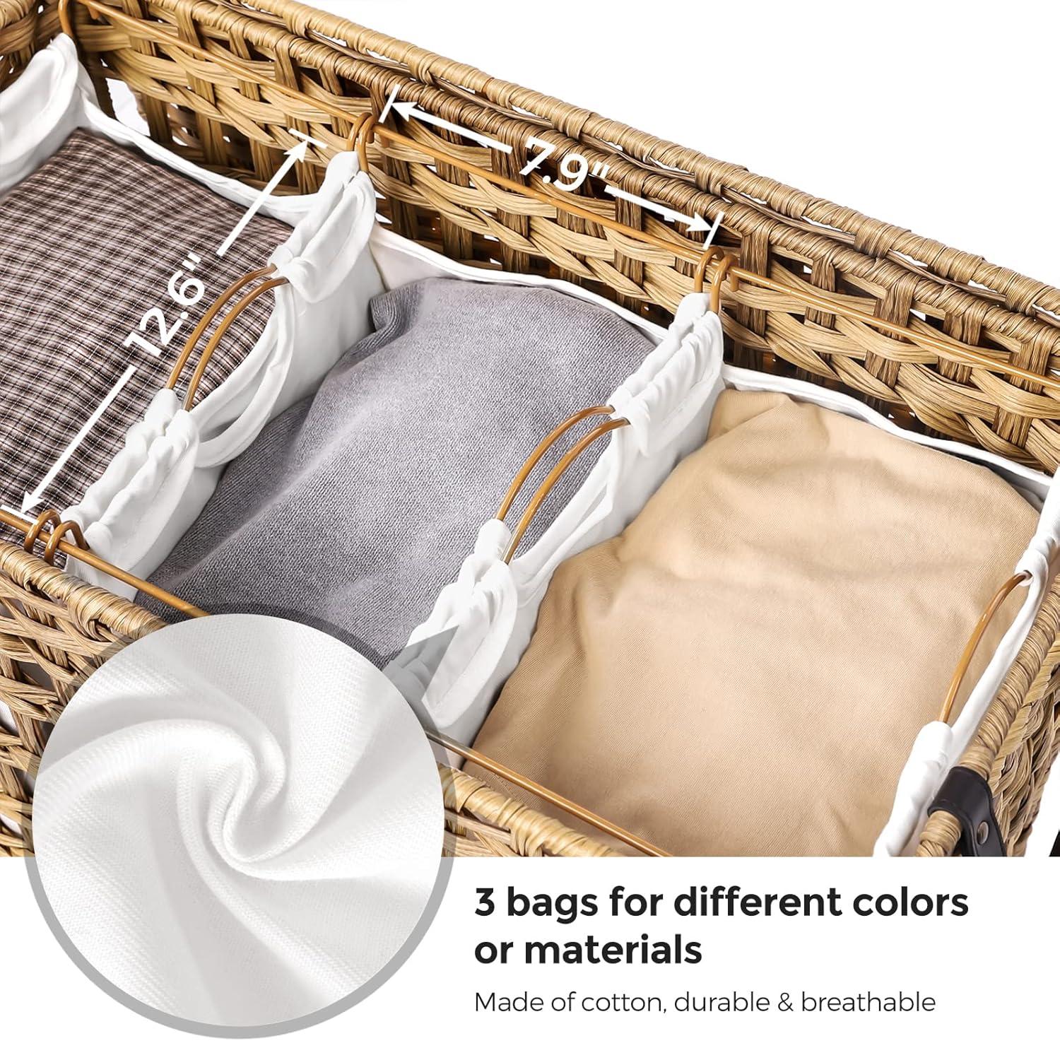 HeiStang Laundry Hamper with Lid, 140L Synthetic Rattan Laundry Basket with Wheels, Clothes Hamper with 3 Removable Liner Bags, 3-Section Hampers with Handles, Laundry Room, Natural ULCB083N01