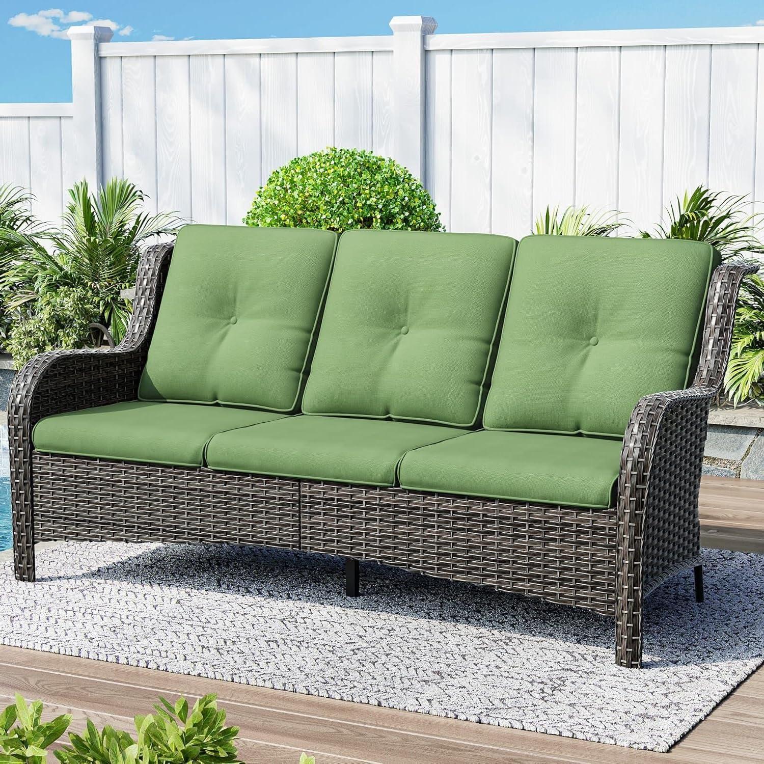3-Seat Wicker Outdoor Patio Sofa Sectional Couch with Green Cushions