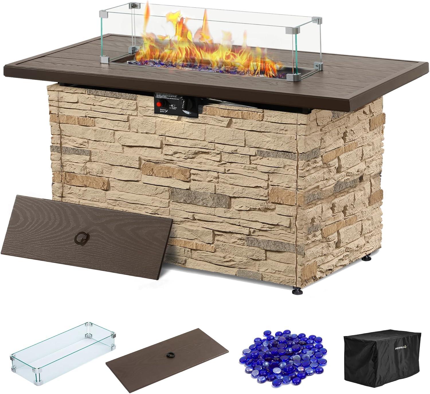 43" Propane Fire Pit Table Outdoor Stone Firepit Table Rectangular 50000 BTU Propane Fire Tables for Outside Patio with Wind Guard, Table Lid, Fire Beads, Cover,Pizzello Caldo (Buff)