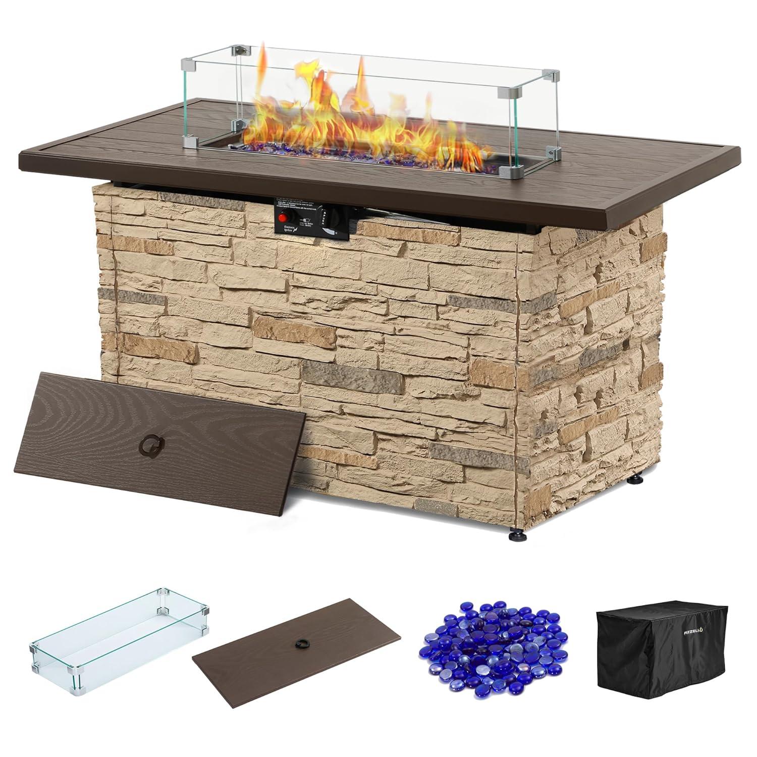 43" Propane Fire Pit Table Outdoor Stone Firepit Table Rectangular 50000 BTU Propane Fire Tables for Outside Patio with Wind Guard, Table Lid, Fire Beads, Cover,Pizzello Caldo (Buff)