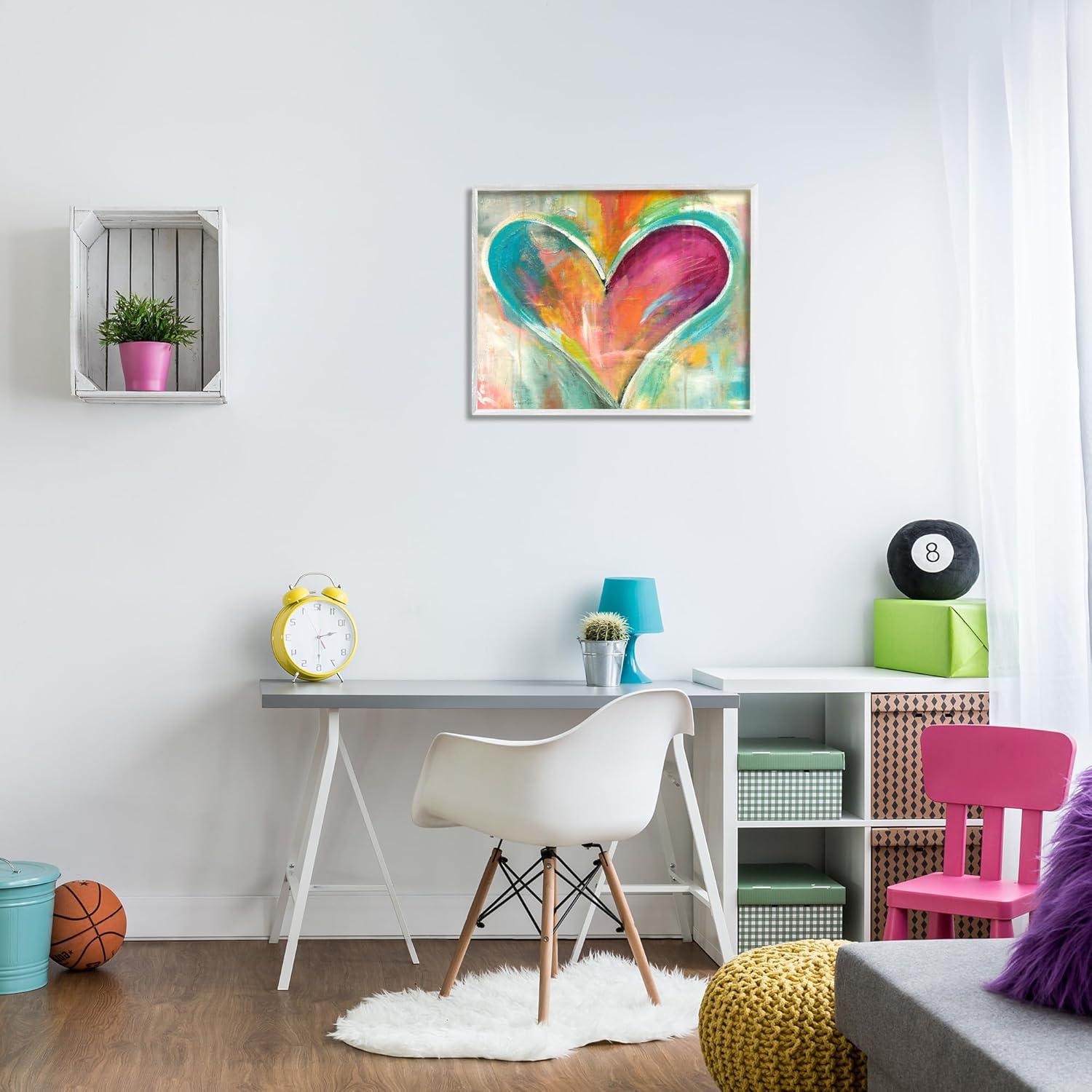 Colorful Abstract Heart Painting with White Wood Frame, 24 x 30 Inches