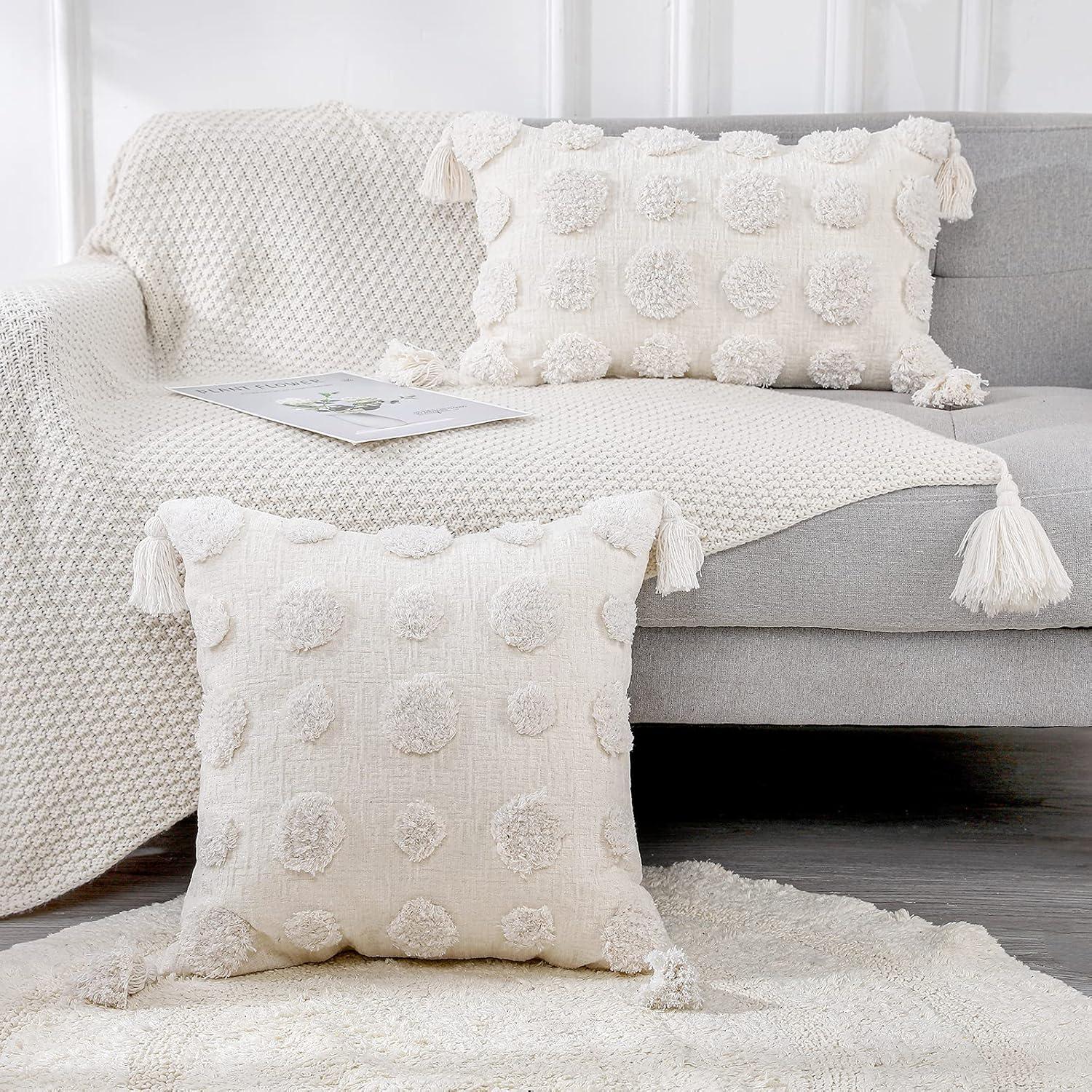 Cream Chenille Pom Pom Tufted Lumbar Throw Pillow with Tassels