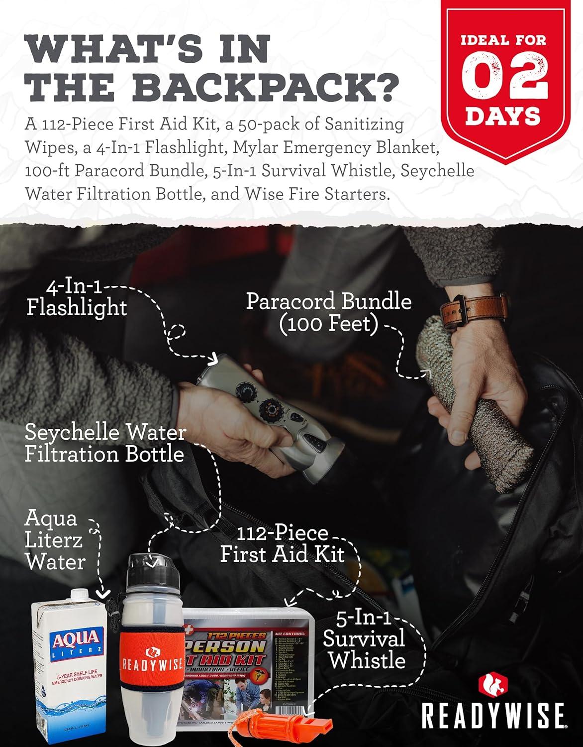 ReadyWise Emergency Survival Backpack | First Aid Kit & Emergency Supplies | Waterproof Tactical Backpack