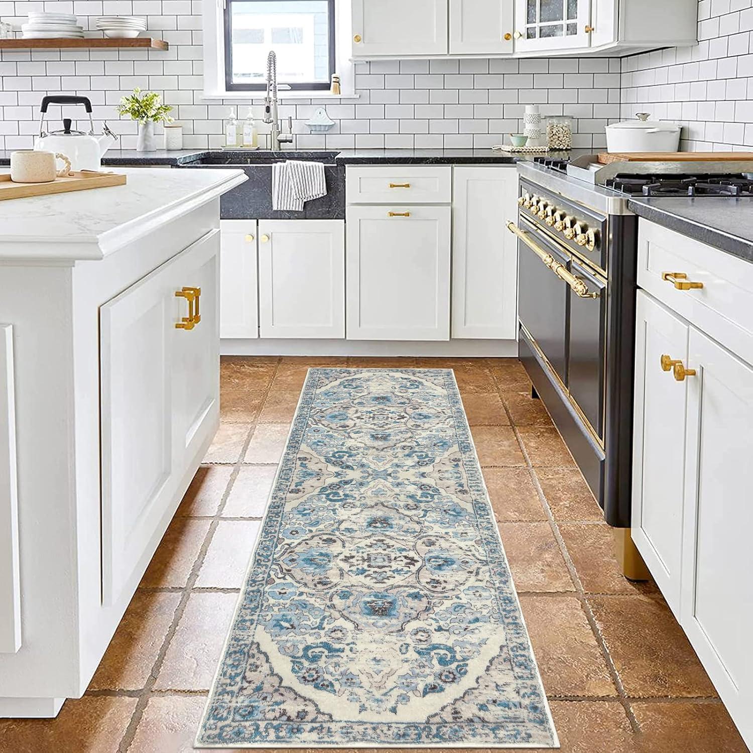 ZACOO 2' x 6' Machine Washable Runner Rug Traditional Area Rugs Carpet Farmhouse Foldable Accent Rug for Hallway Kitchen, Blue