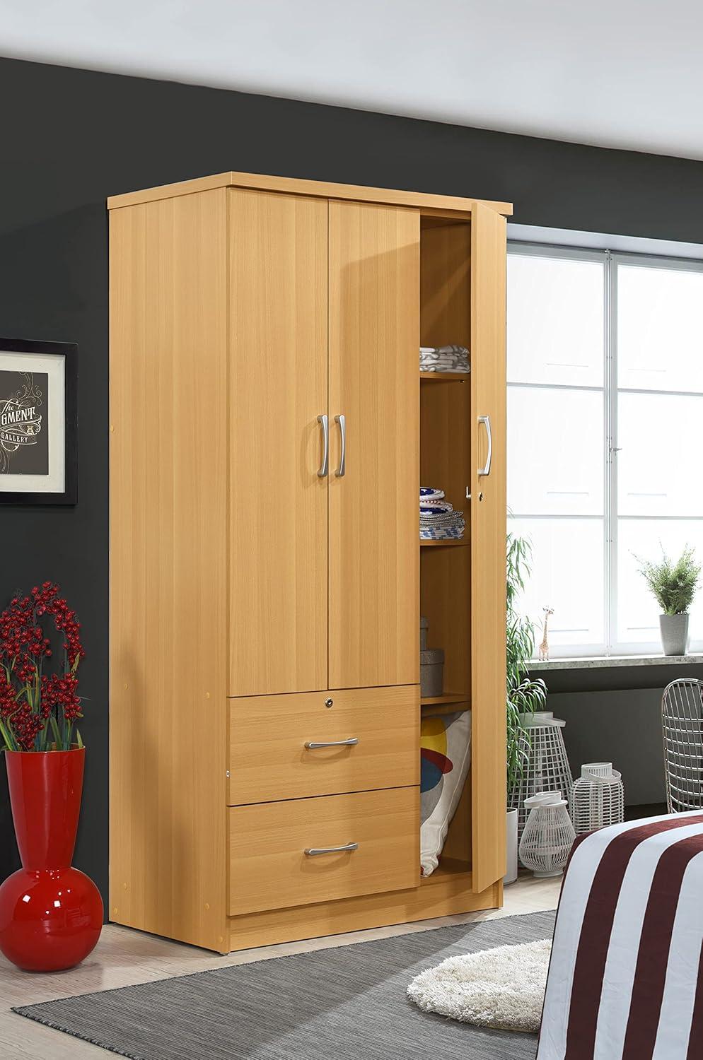 Hodedah 3 Door Armoire with 2 Drawers 3 Shelves in Beige Wood