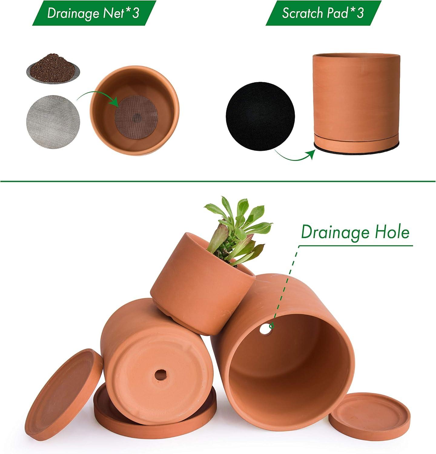 Terracotta Round Matte Succulent Planter Pots with Saucers, Set of 3