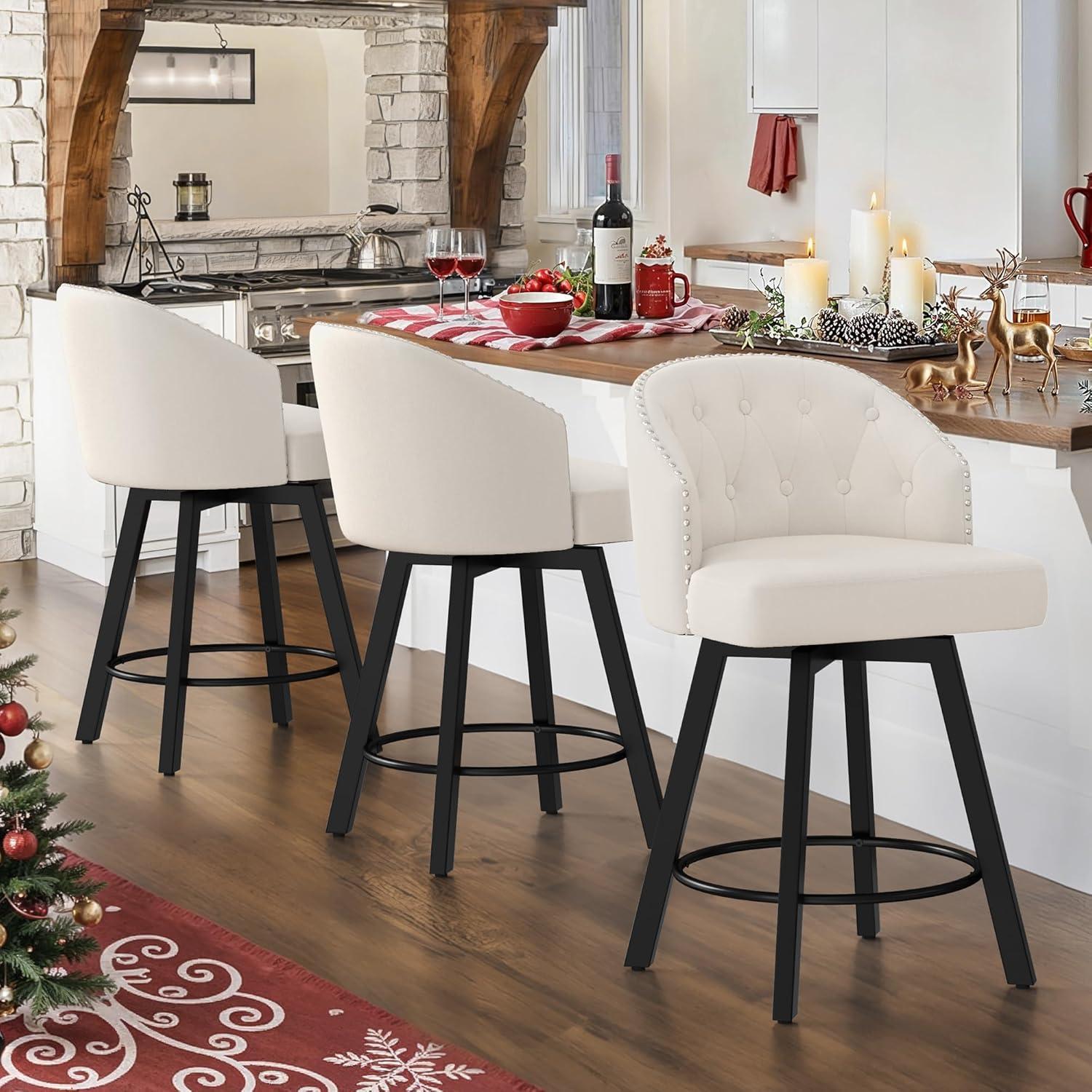 Dycanpo 26''H Swivel Counter Height Bar Stools Set of 3 with Backs Dining Chairs for Home, Linen