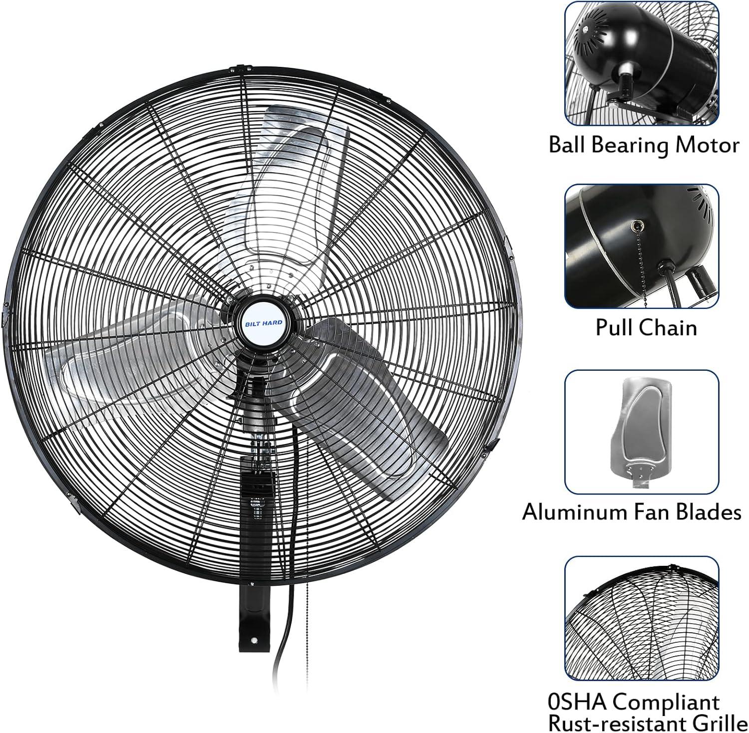 BILT HARD 18" Industrial Wall Mount Fan, 3-Speeds High Velocity Wall Fan with Sealed Motor, 4300 CFM Heavy Duty Metal Barn Fans