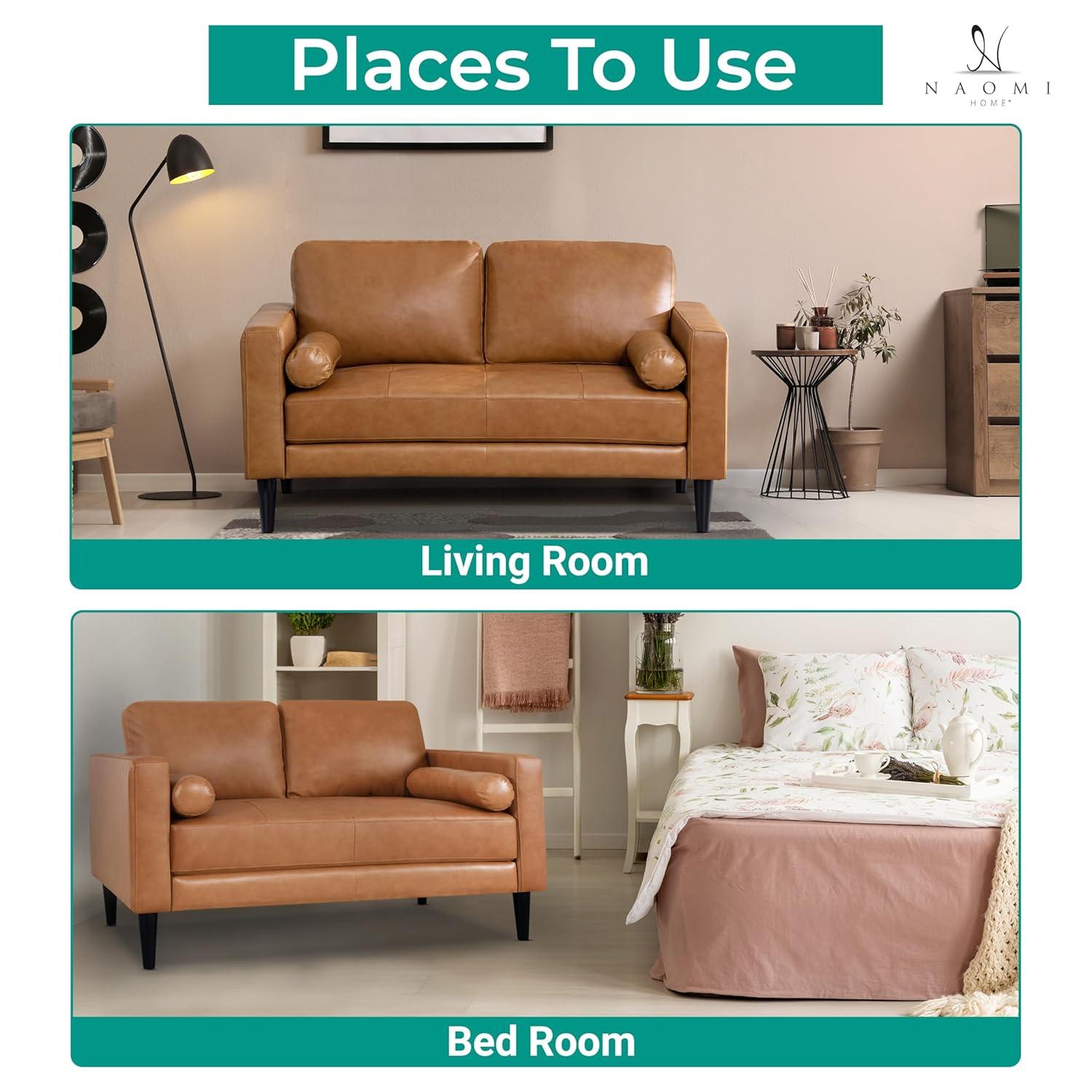 Modern Leather Loveseat in Black, Loveseat Sofa Couch for Bedroom, Living Room Furniture, Space-Saving 2 Seater Couch for Living Room, Bedroom, Apartment, Small spaces, Tan