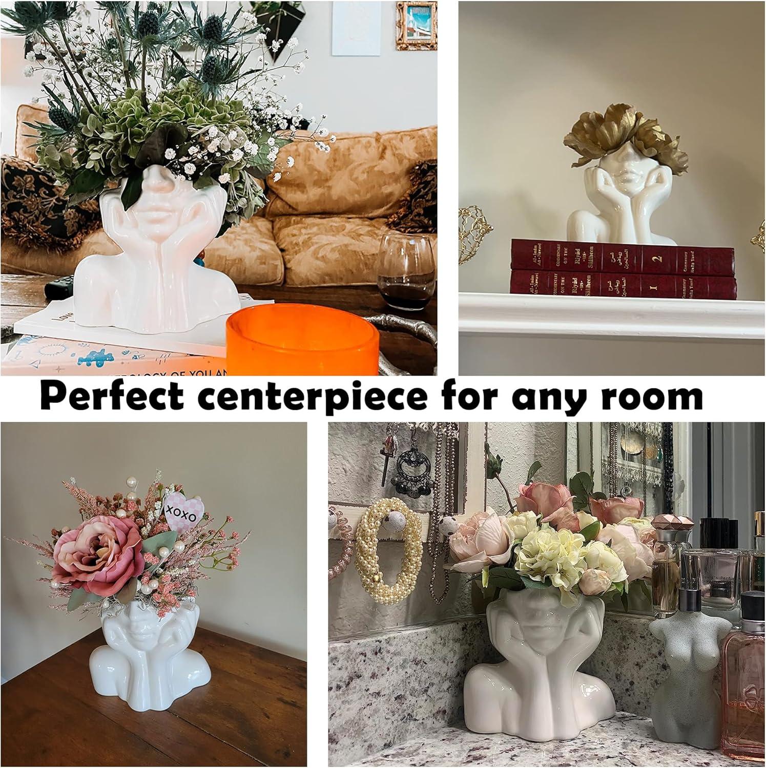 FJS Ceramic Face Vase, White Flower Vase for Decor, 5.3" W x 4.7" H Modern Decorative Vase Centerpiece for Table Shelf Living Room Office Bedroom