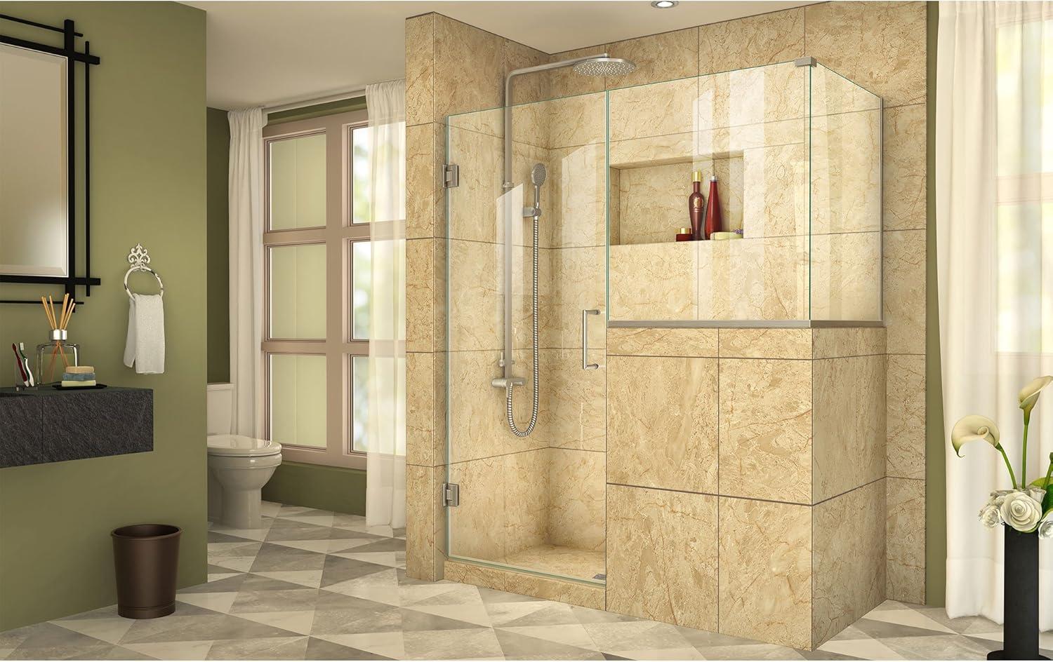 Clear Glass Frameless Hinged Shower Enclosure with Brushed Nickel Hardware