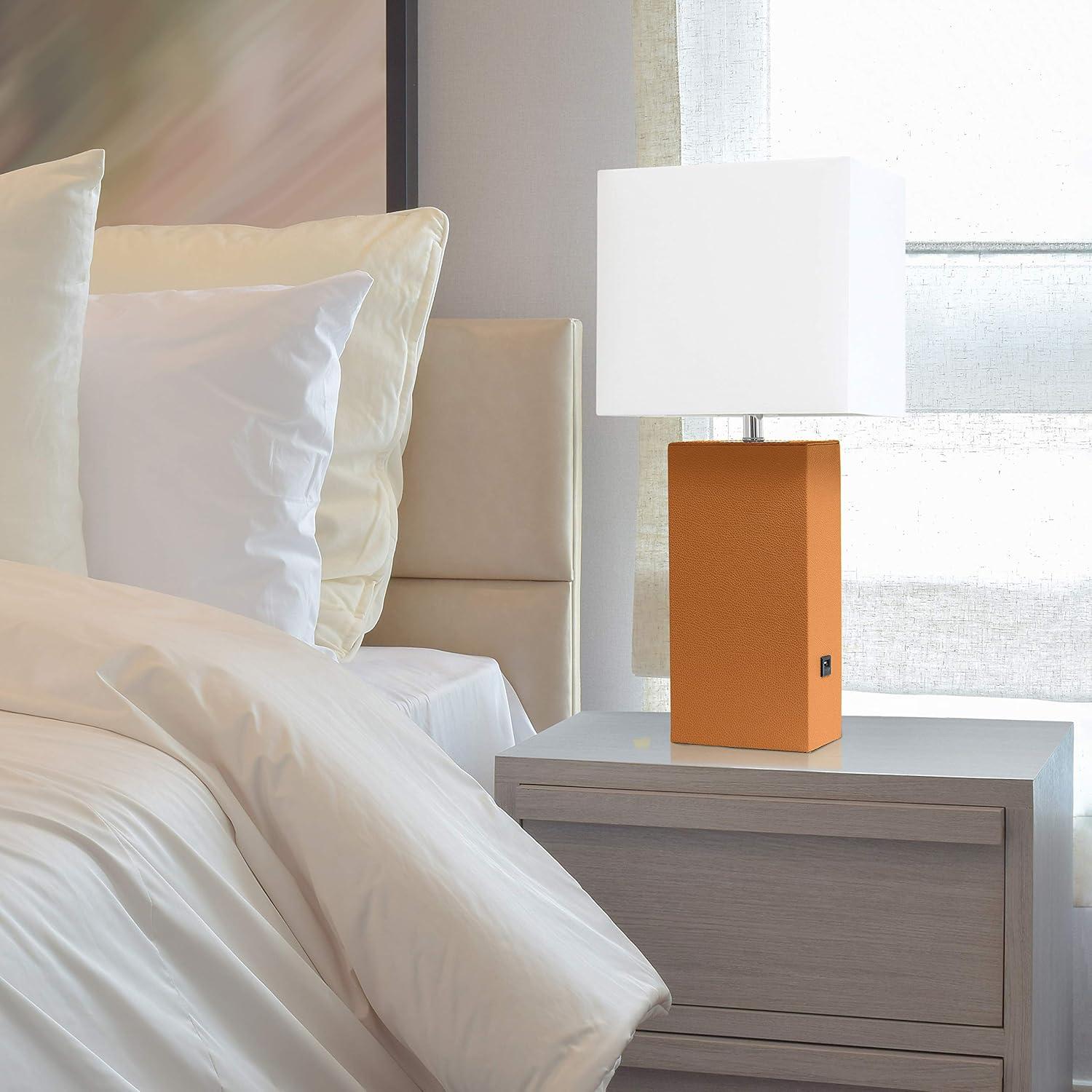 21" Lexington Leather Base Modern Home Decor Bedside Table Lamp with USB Charging Port and Fabric Shade Tan/White - Lalia Home: No Assembly