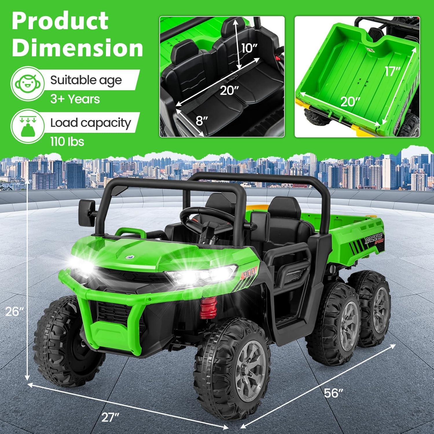 24V Ride on Toys with Remote Control, 2 Seater Electric Powered Ride on Dump Truck , 4WD 6-Wheel UTV Car w/ Tipping Bucket Trailer, Shovel, Suspension, Bluetooth Music, Big Kids, Green