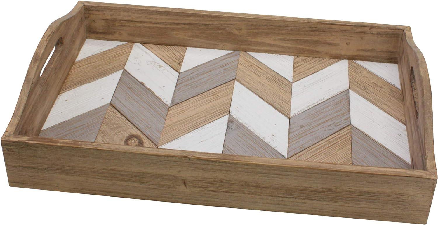 18" x 12" Country Rustic Wooden Chevron Serving Tray Brown - Stonebriar Collection:Cutout Handles