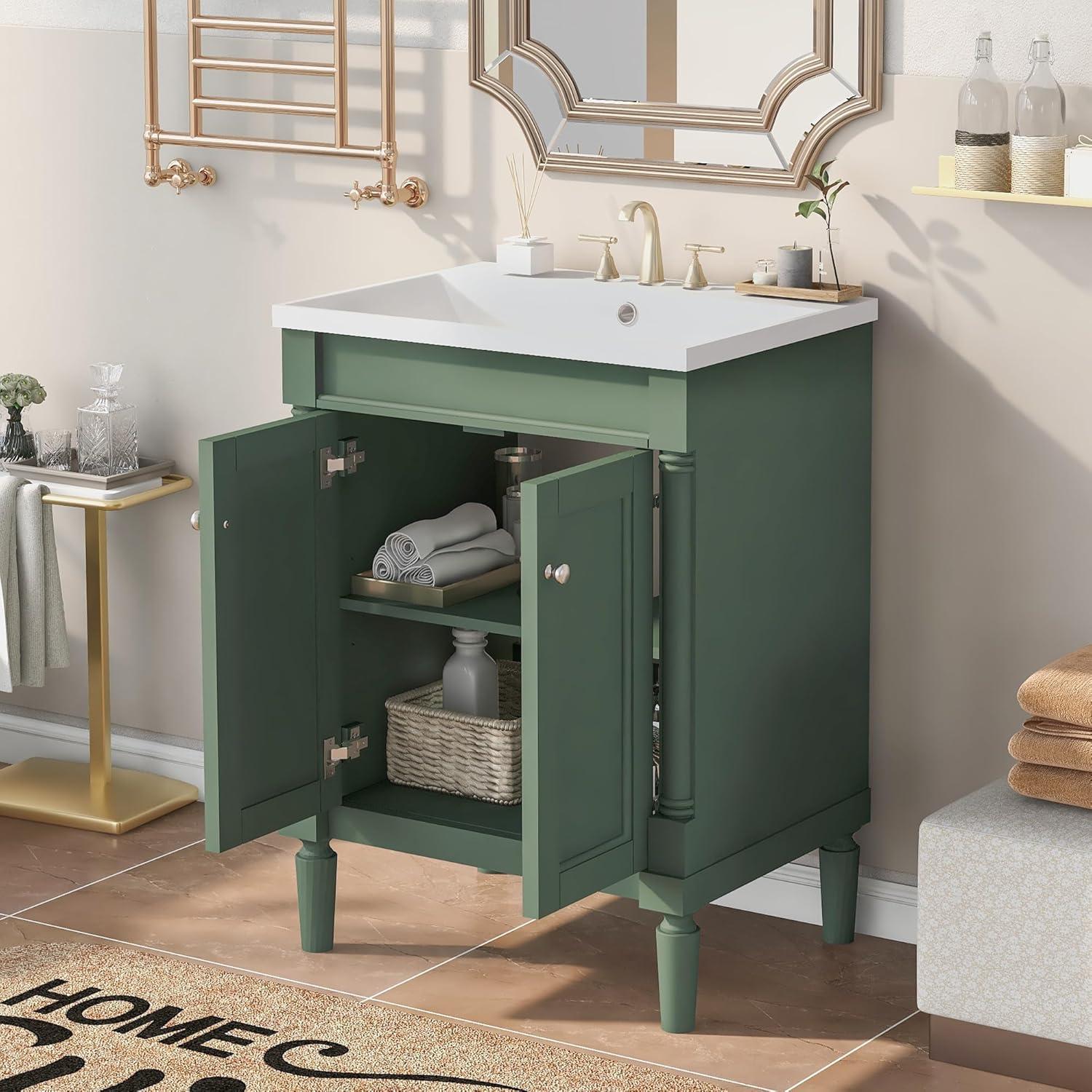 Green Shaker Style Bathroom Vanity with Tempered Glass Top
