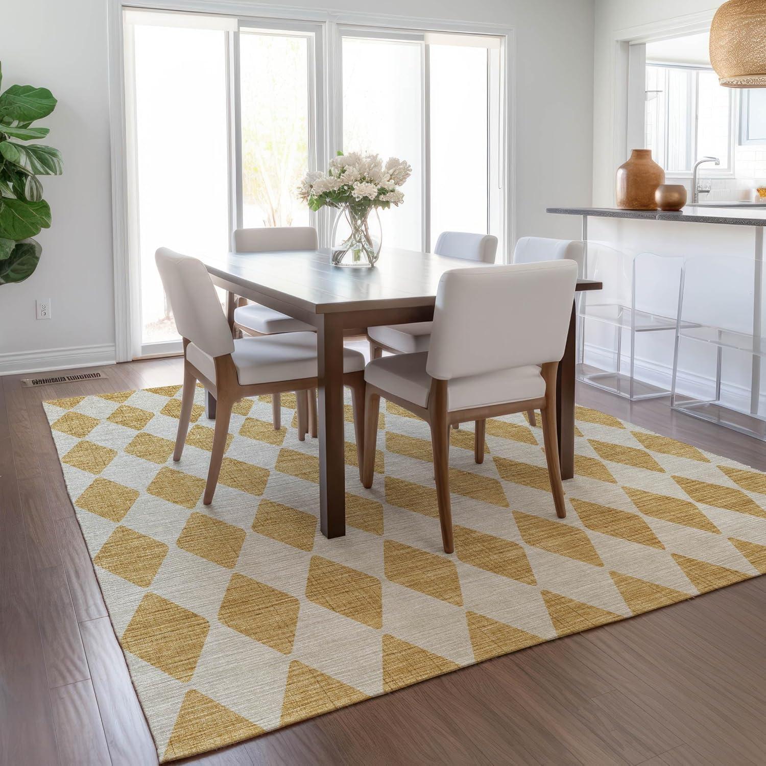 Gold and White Diamond Pattern Washable Synthetic Rug