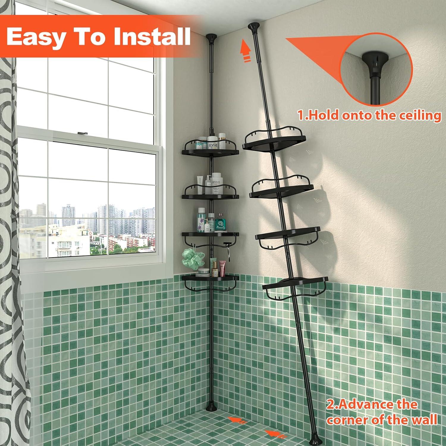 Adjustable Black Plastic Shower Organizer with Tension Mount