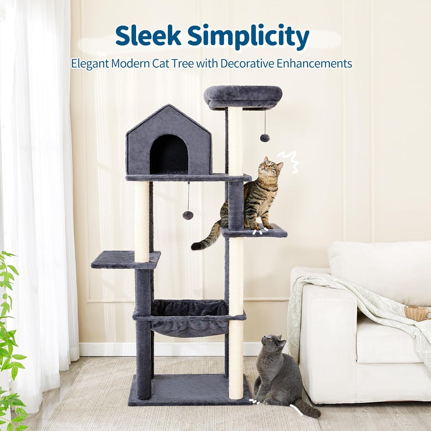 Gray 60 inch Multi-Level Cat Tree with Sisal Posts and Hammock