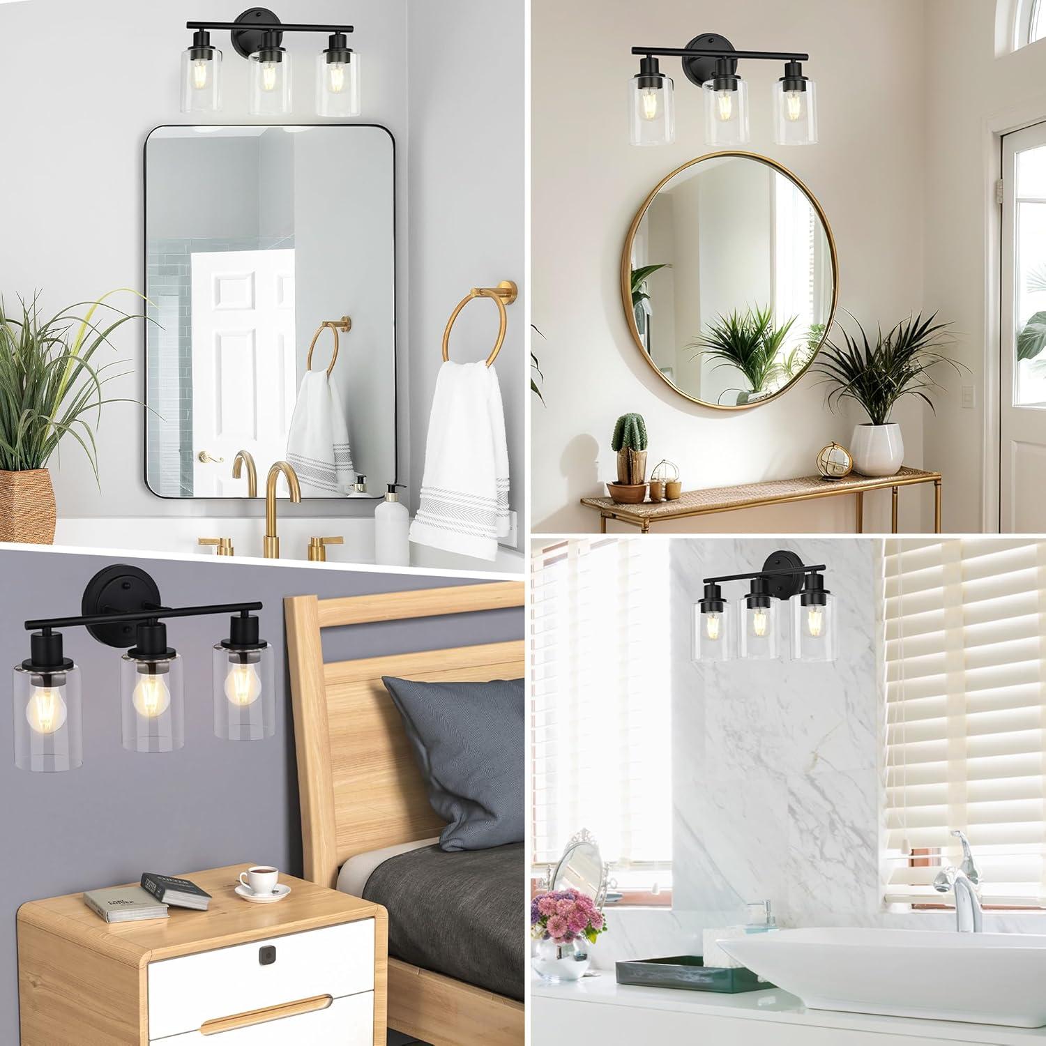 3-Light Bathroom Light Fixtures Bathroom Vanity Lights with Clear Glass Shades Matte Black Bathroom Light Fixtures over mirror for Mirror Living Room Cabinet Bedroom Porch