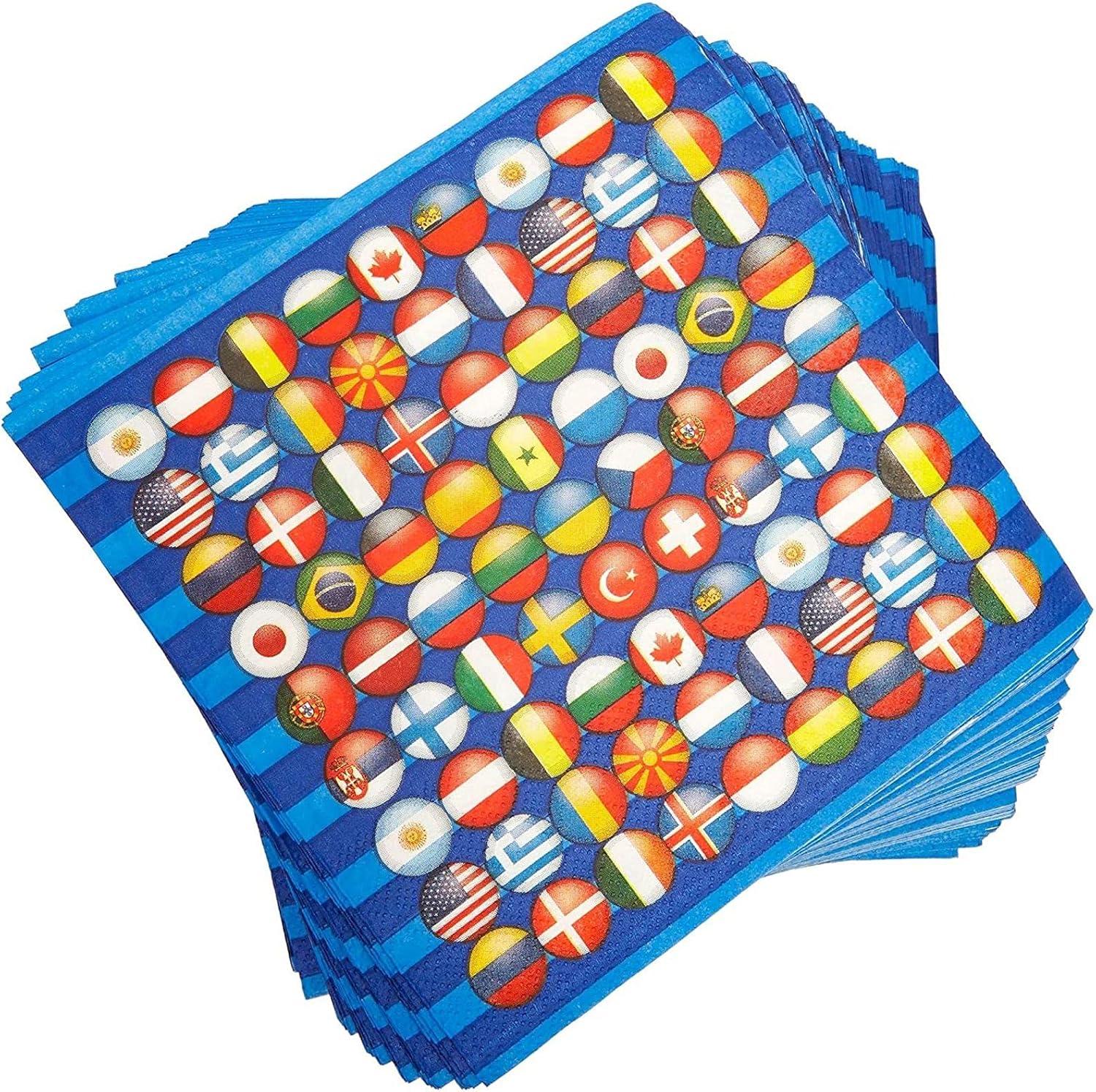 Blue Panda 100 Pack International Flag Disposable Paper Napkins 6.5" Party Supplies