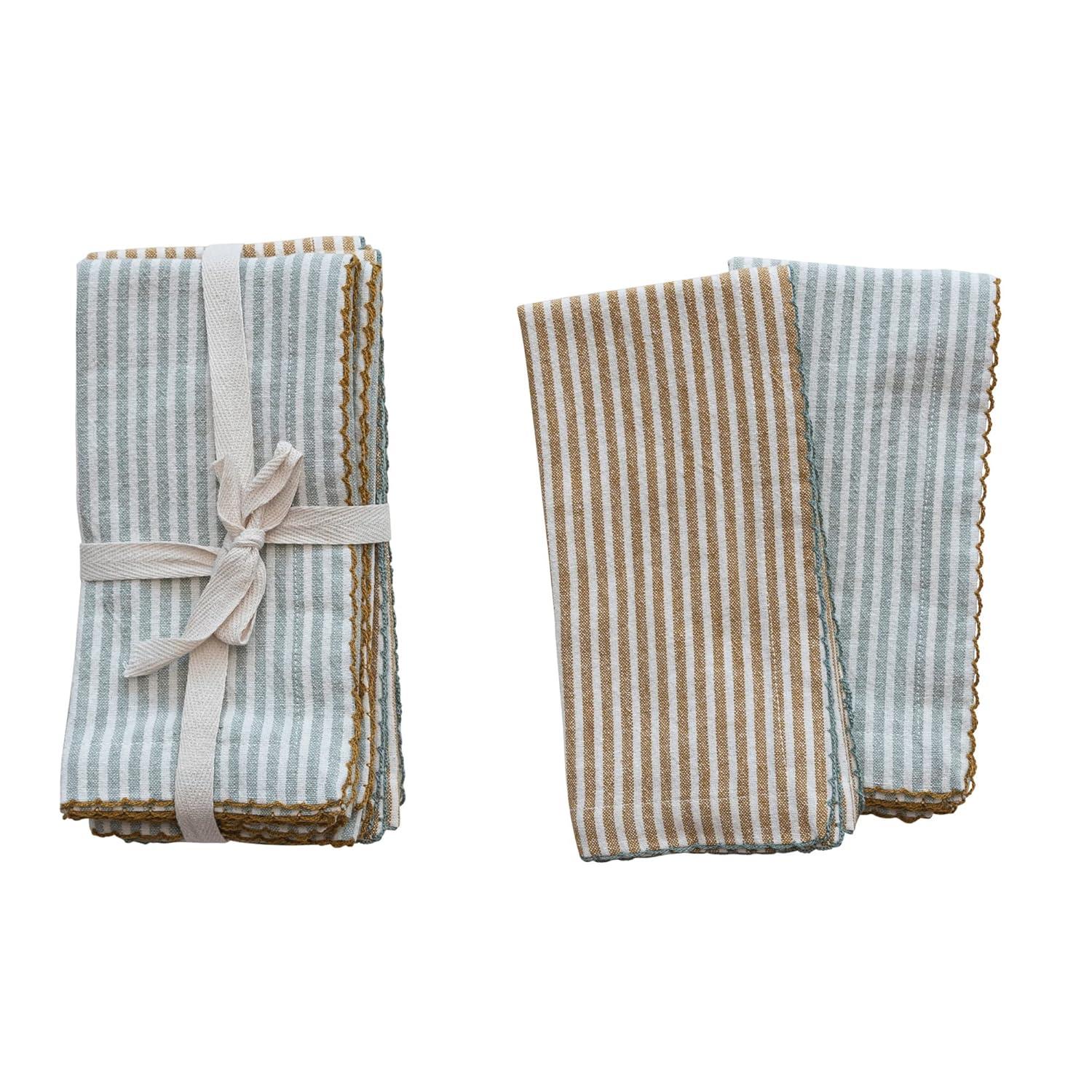 Creative Co-Op Square Cotton Napkins with Scalloped Edge and Stripes, Set of 4, 2 Colors