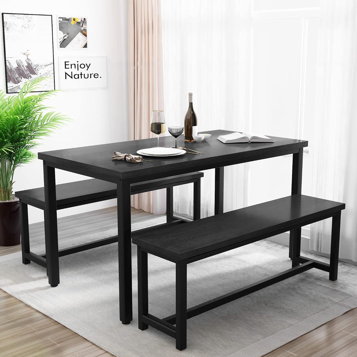 Black Modern Industrial Dining Table Set with Benches