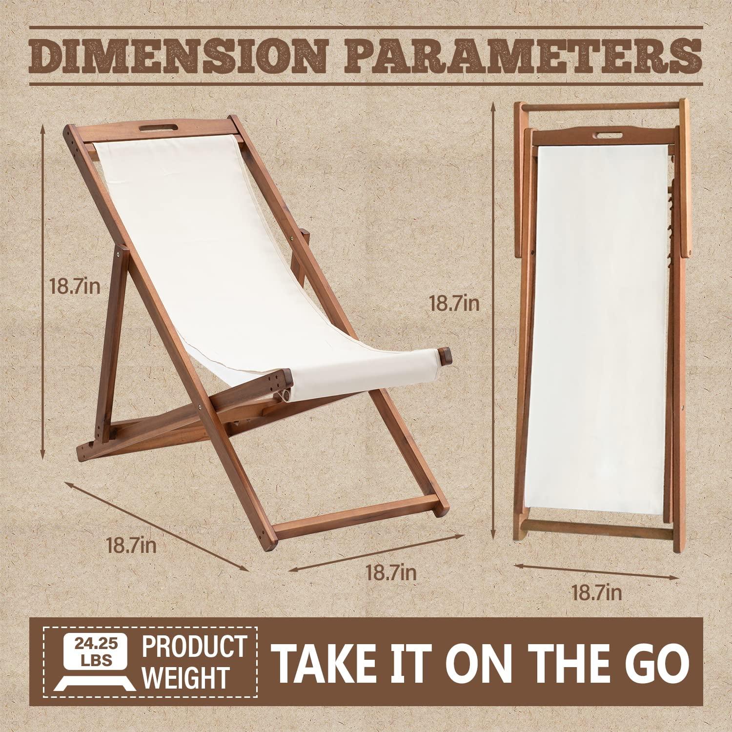 FDW Beach Sling Patio Chair for Relaxing, Foldable with Adjustable Height Made from Eucalyptus Wood with White Polyester,Khaki