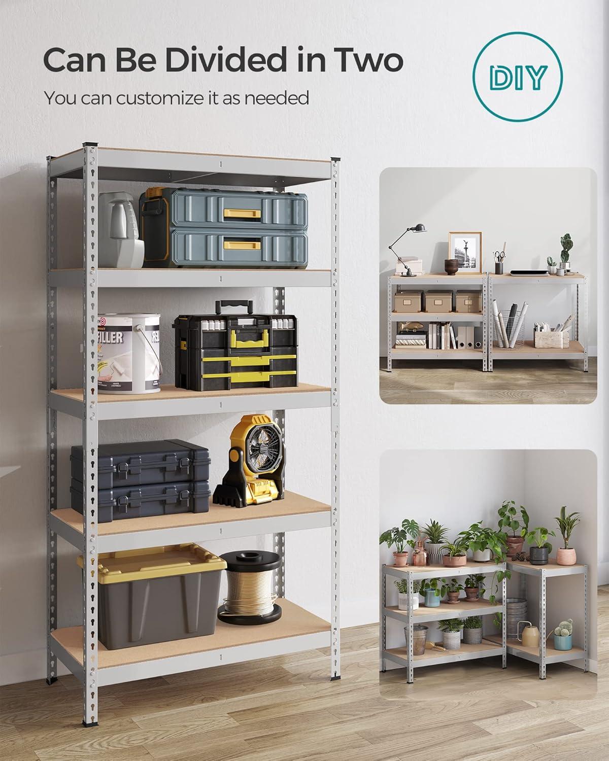 SONGMICS 5-Tier Storage Shelves Metal Garage Storage, Boltless Assembly Adjustable Shelving Unit 17.7 x 35.4 x 70.9 Inches, Load 1929 lb for Shed Warehouse Basement Kitchen Silver